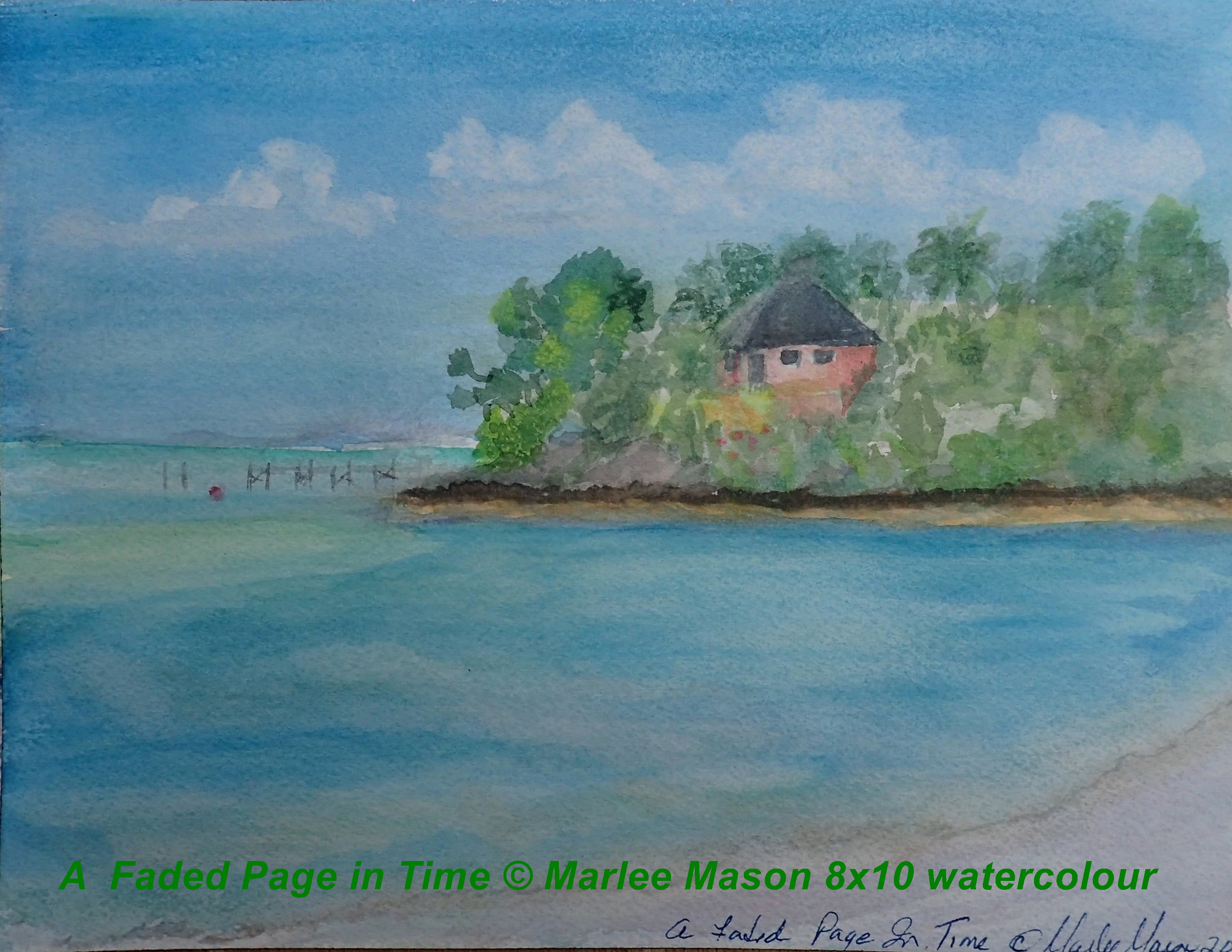 Painted plein air from my private beach at Lubbers, this was once a lovely home ravaged by Hurricane Dorian.  The point it sits on views Man O War and North Elbow Cay.  8x10 watercolour on archival Ar